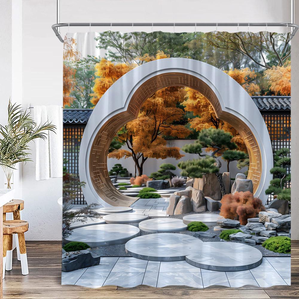 Chinese Courtyard Shower Curtain Arch Door Green Tree Bamboo Yard Path Garden Classical Bathroom Decor Bath Curtain with Hook
