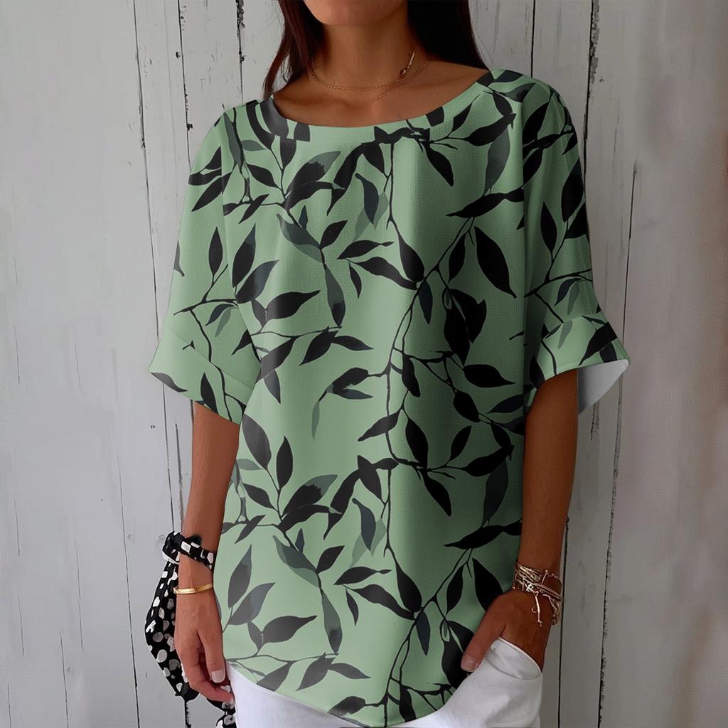 Women's Fashionable Casual Round Neck Printed Top Loose Top Printed Top Loose Top