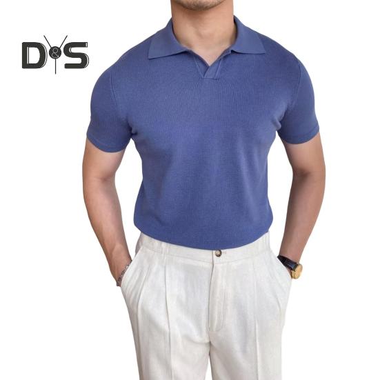 Pánské letní tričko s krátkým rukávem, ohrnutým límcem, výstřihem do V, jednobarevný volný svetr, střední délky, pro obchodní příležitosti, kancelář, randění