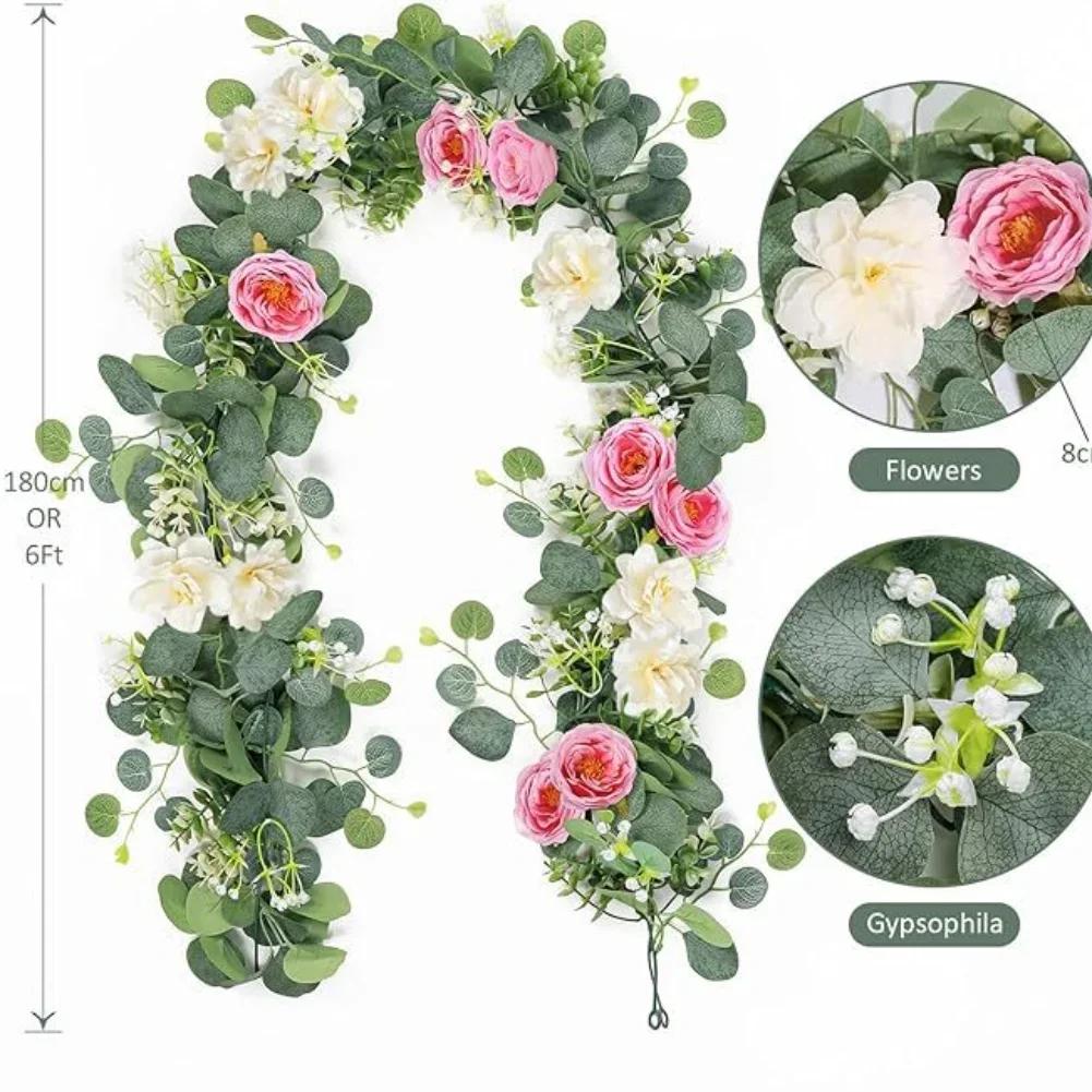 1pcs Artificial Rattan 180cm/6ft Artificial Eucalyptus Garland With Navy Blue White Roses For Weddings Festive Party Decoration
