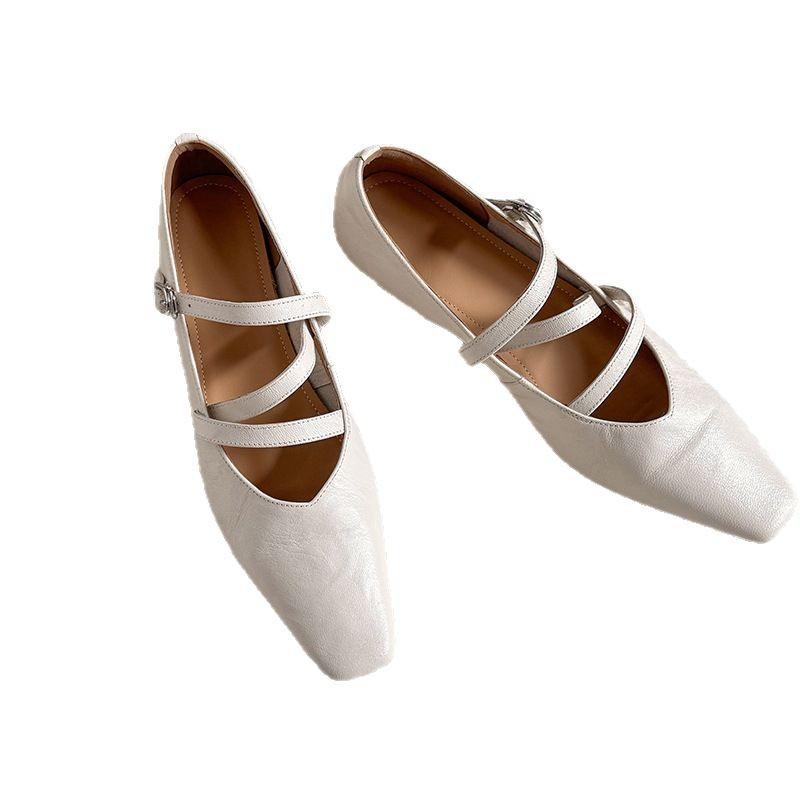 The Same Retro Mary Jane Single Shoes Women's 2025 Spring New Flat Bottom Square Head Buckle Belt Leather Women's Shoes