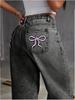 High Waist Bowknot Embroidered Jeans - Women's Sweet & Spicy Style, Straight Leg, Loose & Casual.