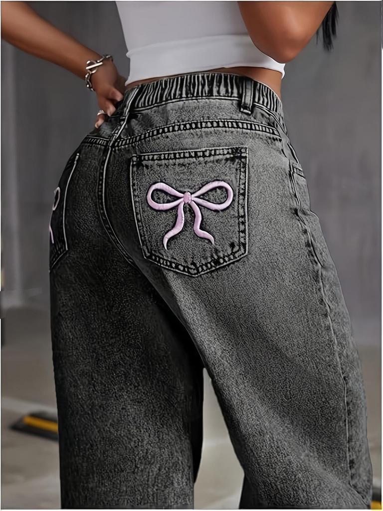 High Waist Bowknot Embroidered Jeans - Women's Sweet & Spicy Style, Straight Leg, Loose & Casual.
