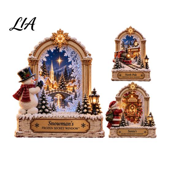 Holiday Party Table Settings Christmas Wooden Window Scene Figurine, Double-Sided Print Sign with Santa Workshop Indoor Displays Snow Town Train,