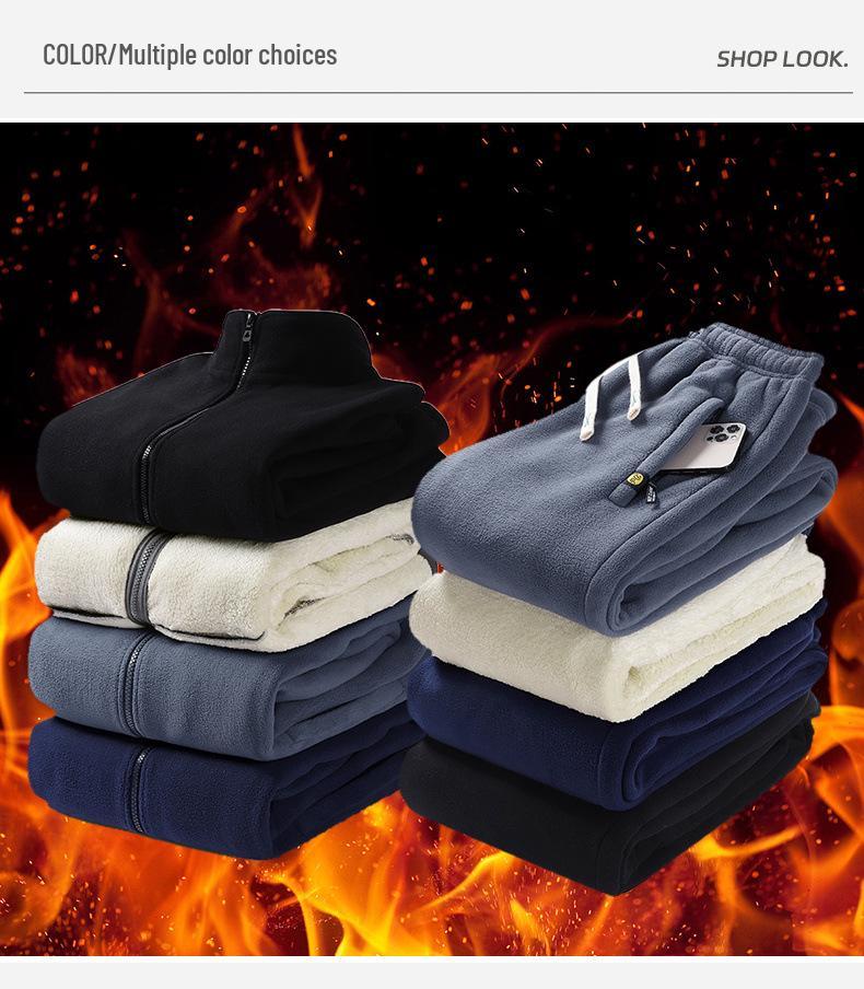 Men's Warm Winter Two-Piece Set: Stand-Collar Lambswool Fleece Jacket and Casual Pants.