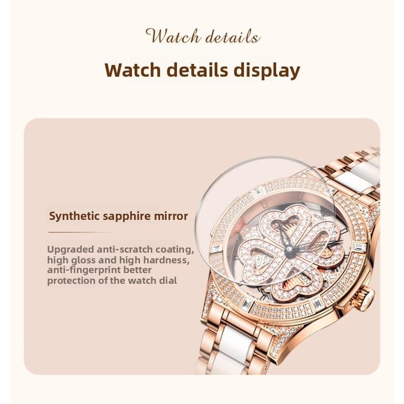 OUPINKE Women's Watch Four-leaf Clover Rotating Dial Automatic Mechanical Watch for Ladies and Women
