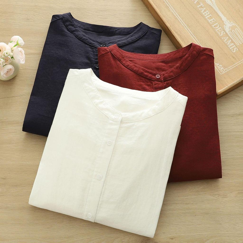 Women's Stand Collar Long Sleeve Cotton Gauze Shirt - Solid Color, Breathable, Slimming, 2026 Spring/Autumn Collection