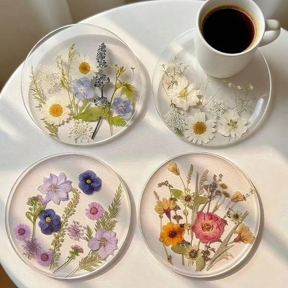 4pcs New 2D Flat Acrylic Coasters Round Wildflower Print Design Table Coaster Colorful Cup Mat Tabletop Decorations