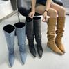 2025 autumn and winter new European and American style knee piling boots flat bottom inner height-increasing denim boots