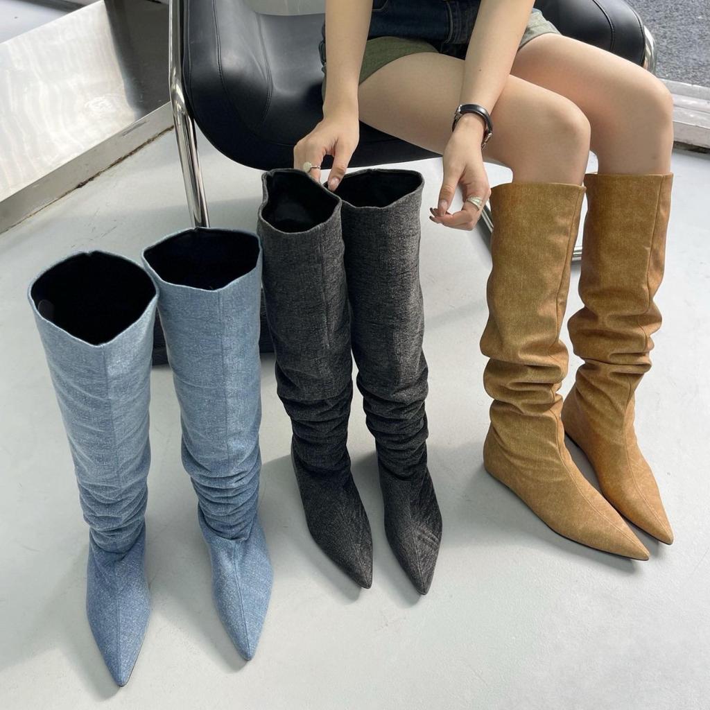 2025 autumn and winter new European and American style knee piling boots flat bottom inner height-increasing denim boots