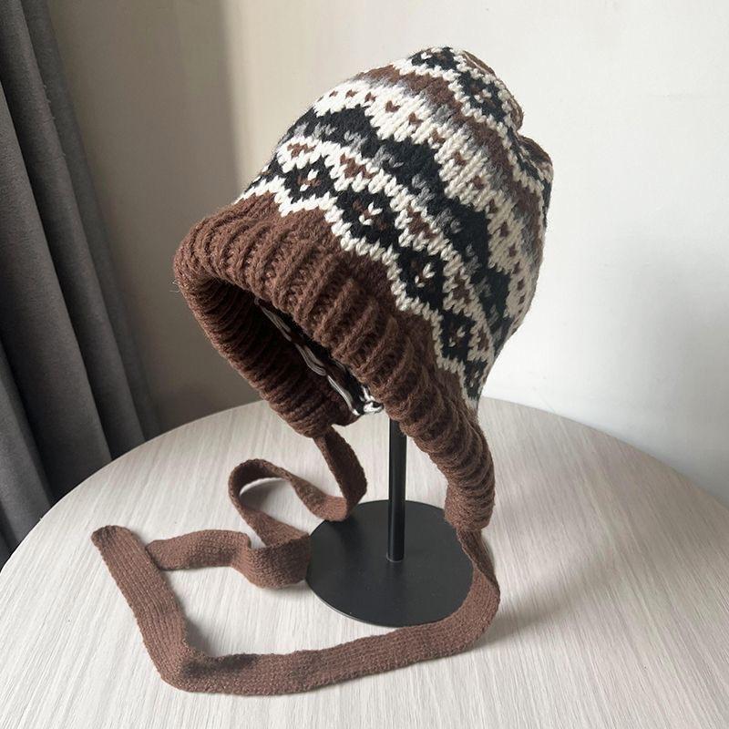 Women's winter knitted thickened warm drawstring stacking hat Fair Island style retro versatile wool hat women