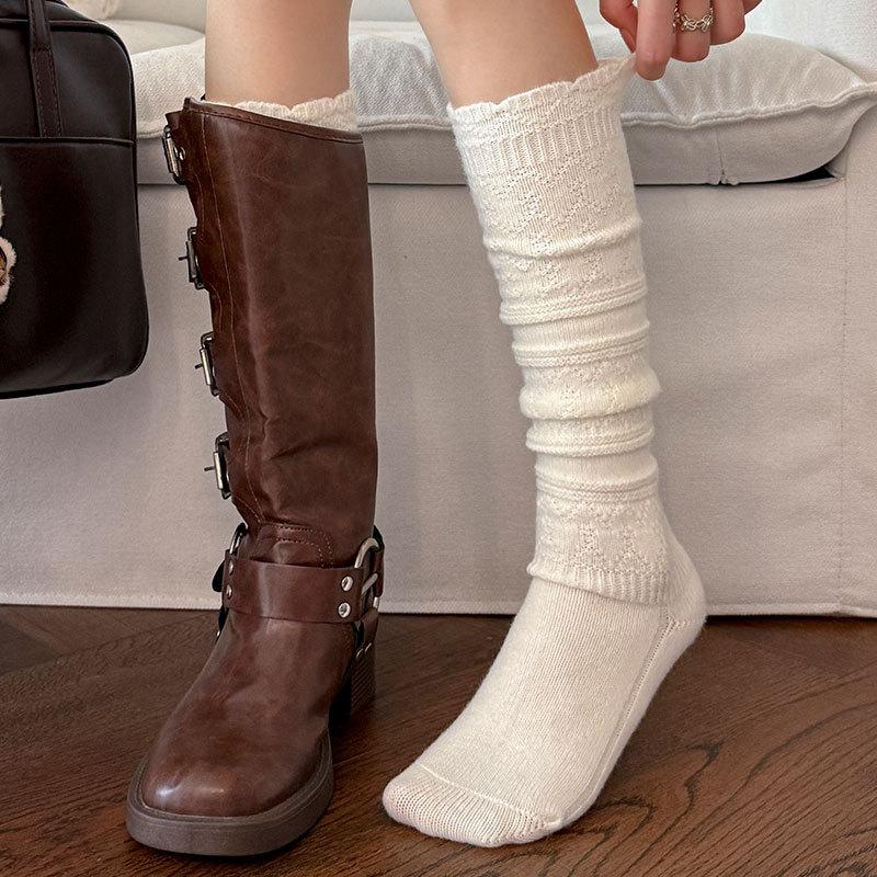 Thick Lace Ankle Socks for Women in Autumn and Winter, with Open-weave Knitted Layers, Thick Pile Socks for Warmth in Winter, Long Boots Socks