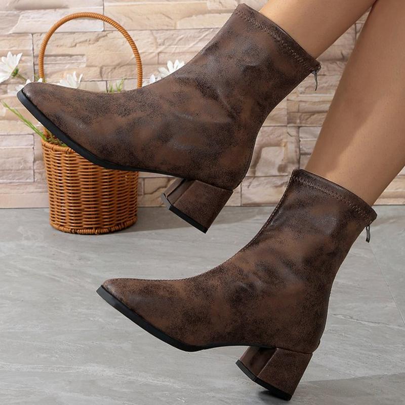 Fashion Retro Leopard Square Toe Ankle Boots for Women Spring Autumn Non-Slip Zipper Square Heel Women' Ankle Boots Solid Bootie Ladies