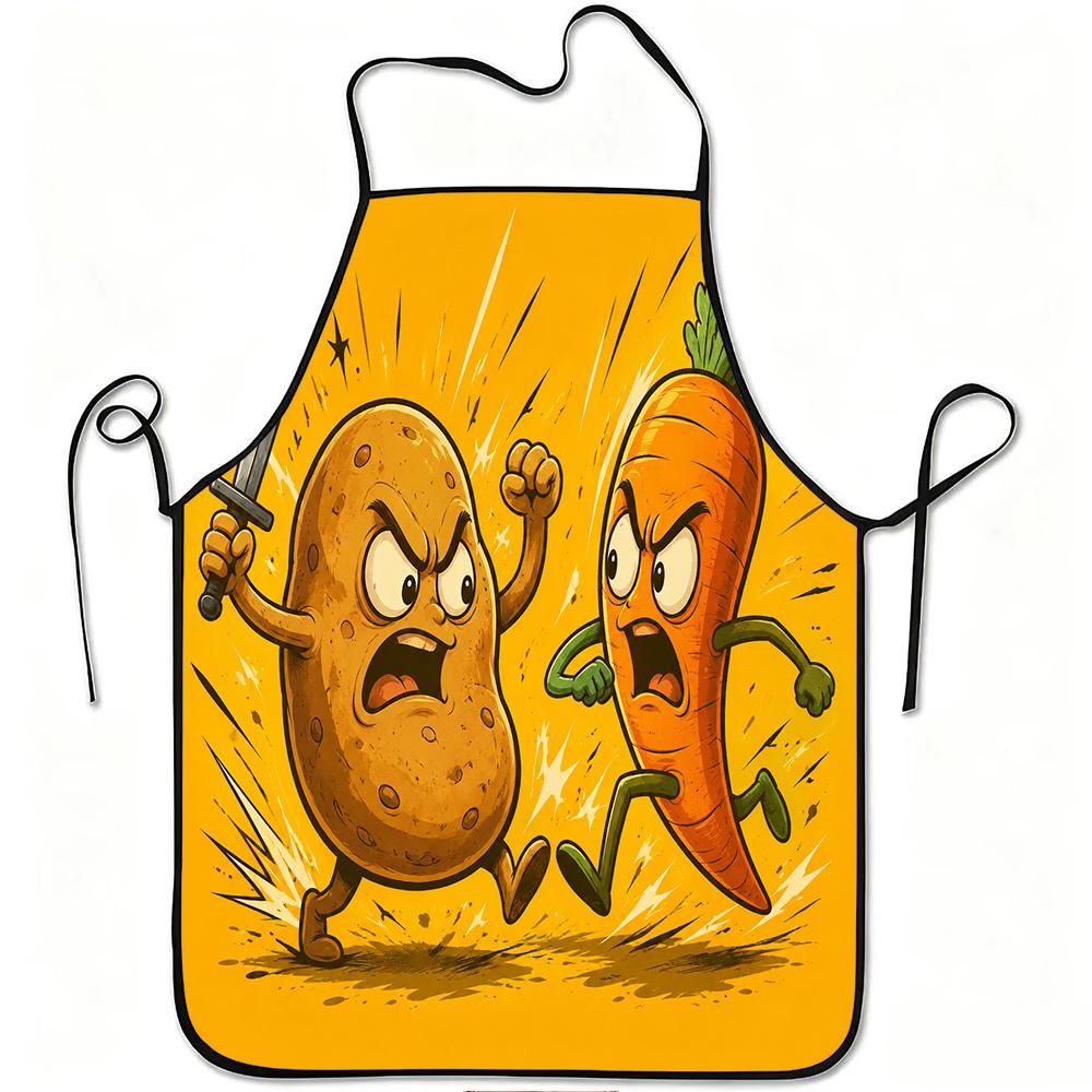 1pc Angry Potato Vs Carrot Funny Cartoon Print Apron, Durable And Easy To Clean, Adjustable Waistband, Polyester Material, for Kitchen Cooking, Garden