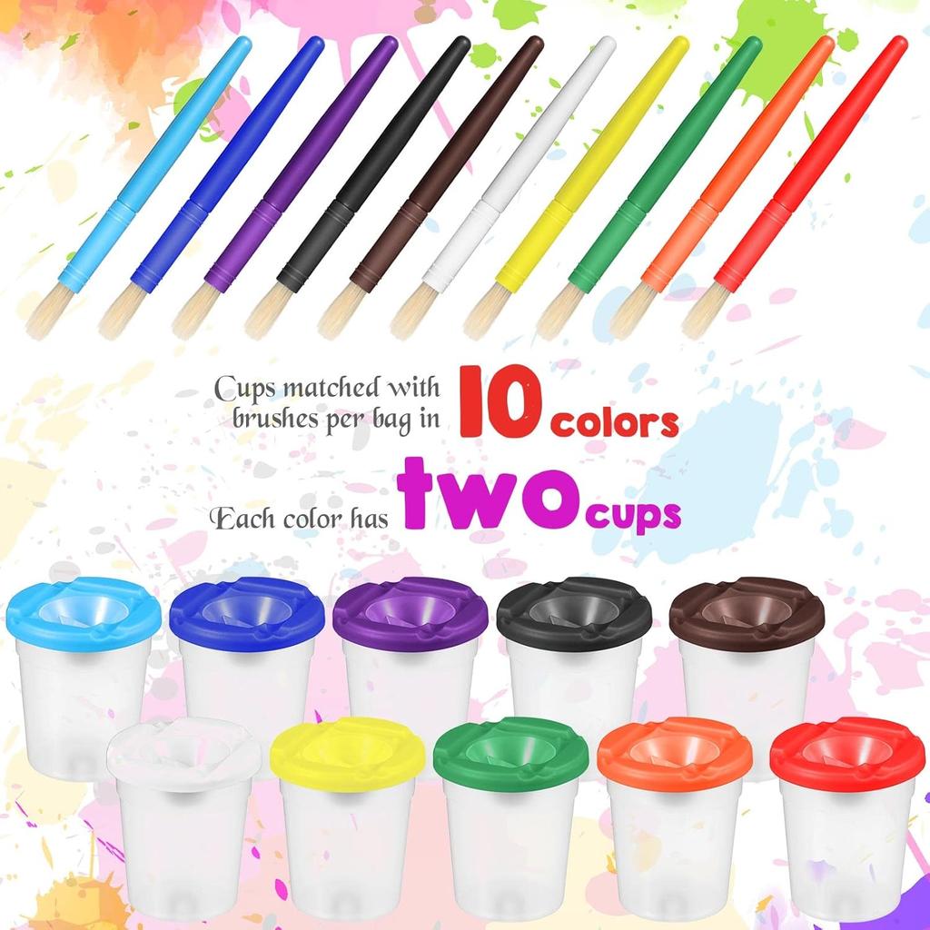 40 Pieces Spill Proof Paint Cups with Paint Brushes for Kids Paint Cups with Lids for Kids Toddler Painting Tools Brushes for Watercolor, Tempera,