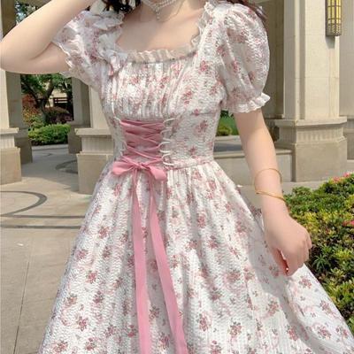 Elegantes Blumenkleid für Damen, Schnürung, koreanische Prinzessin, Fee, süßes Midi-Kleid, Verband, Chic, Designer-Puffärmel, Freizeitkleid, Sommer