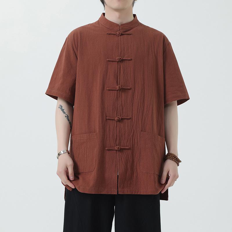 Herren Chinesischer Stil Vintage Locker Große Größe Kurzarm Lässig Baumwolle Leinen Hemd