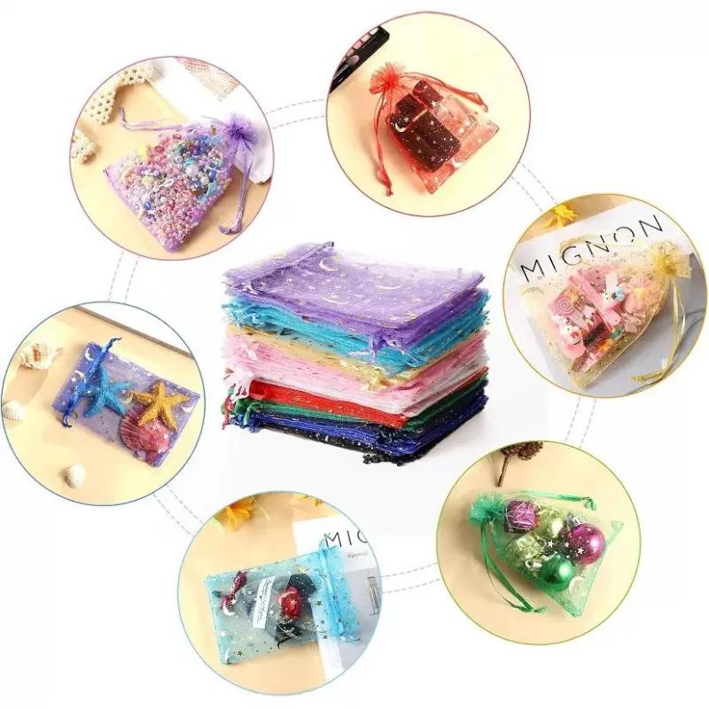 Wholesale 50pcs/Lot Small Organza Bag 9x12cm Moon Star Wedding Jewelry Packaging Bags Cute Drawstring Gift Bag Organza Pouches