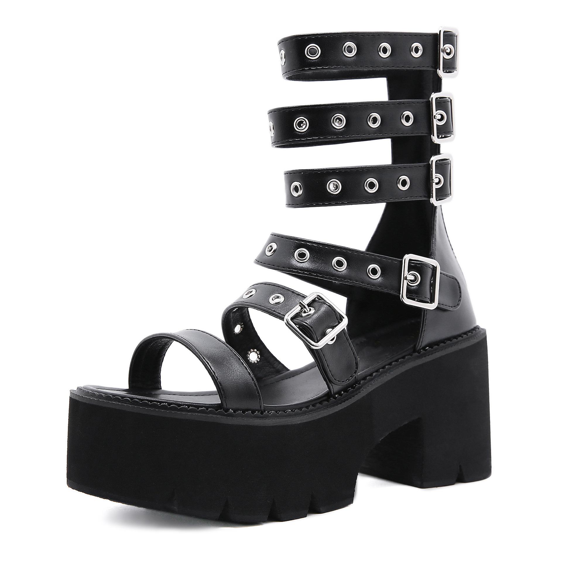 

Fashion Gothic Punk Platform Chunky - Heel Sandals | Multi - Strap Buckle Metal - Rivet Edgy Party Footwear 35 чёрный