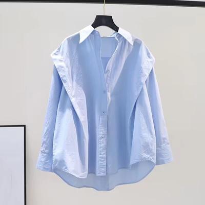 Ladies Spring and Autumn New Light Blue Loose Shirt Lapel Long-sleeved Casual Top