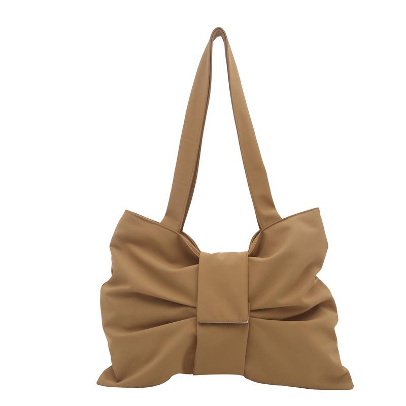 Korean Retro Solid Color Pleated Bow Shoulder Bags for Women Large Capacity Ladies Tote Bag Simple Student Handbags with Zipper