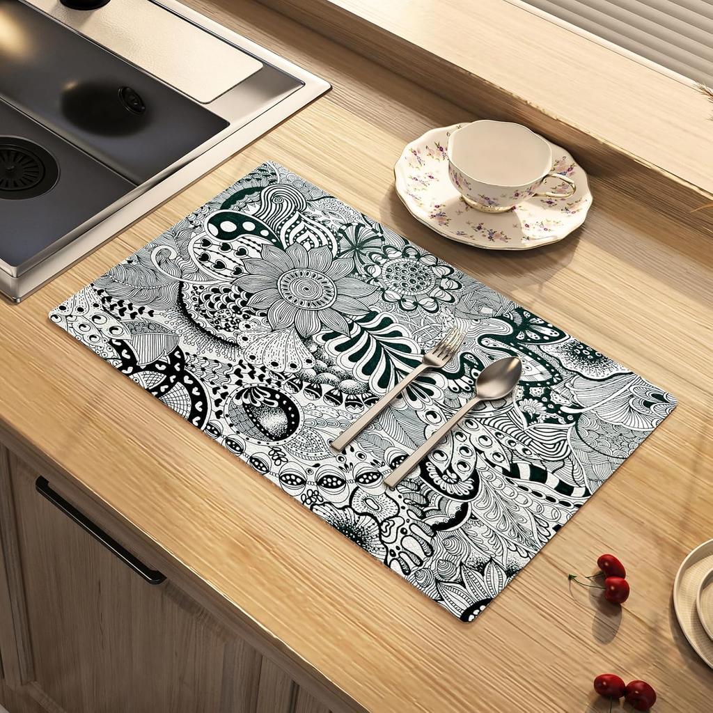 National Style Dish Drying Mat Absorbent Floral Coffee Rubber Backed Soft Silicone Bird Kitchen Draining for Bathroom Bar