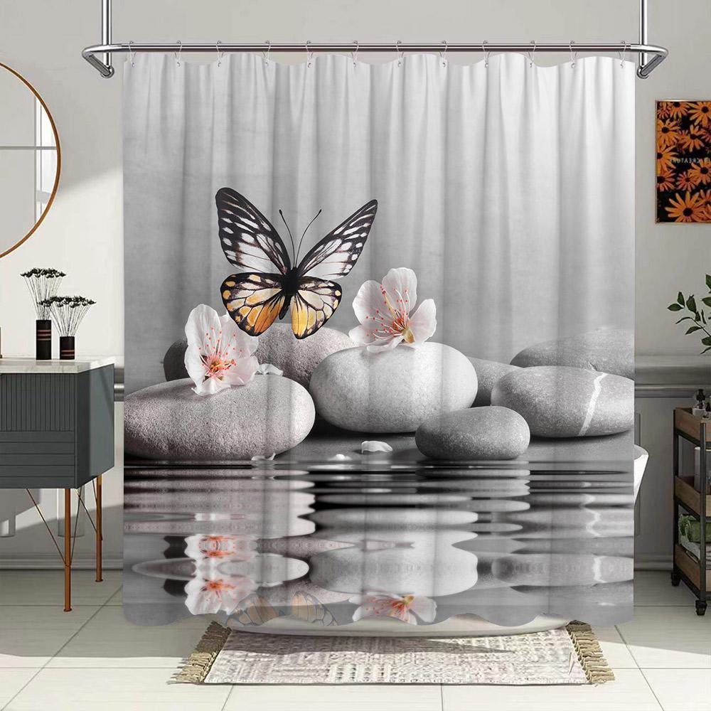 Zen Landscape Shower Curtains Flowers Plant Green Bamboo Black Stone Scenery Bathroom Decor Waterproof Cloth Hanging Curtain Set
