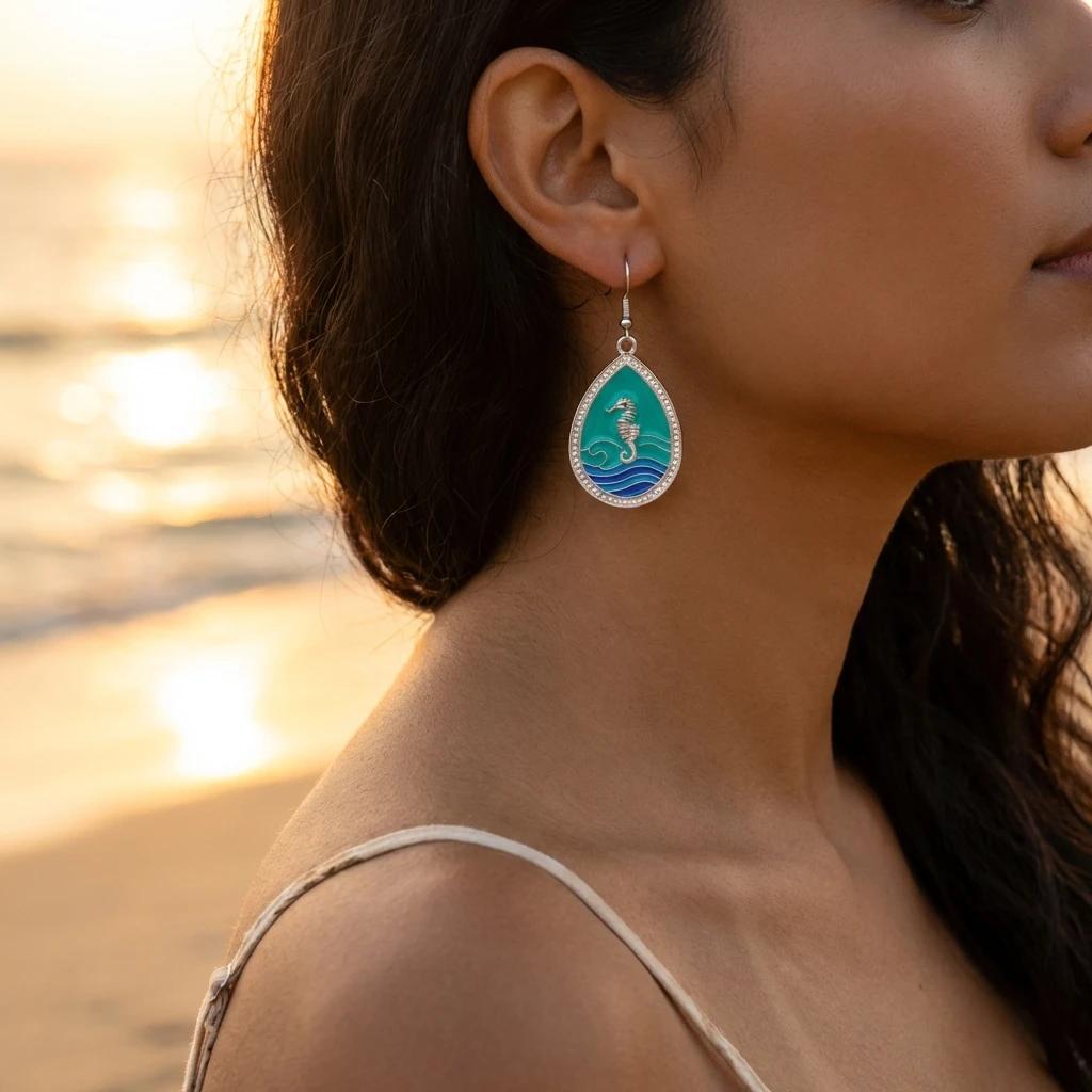 Blue Enamel Seahorse Teardrop Dangle Earrings For Women Ocean Wave Earring Silver Color Boho Summer Beach Jewelry