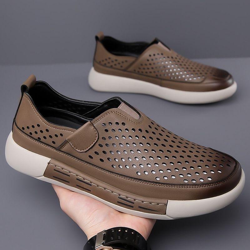 Shoes Men's Summer New Men's One-pedal Hollow Board Shoes Texture Online Casual Leather Shoes Soft Sole Breathable Men's Shoes
