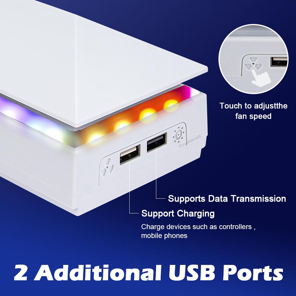 White Upper Cooling Fan Base Game Cooler Stand Bracket with RGB Atmosphere Colorful Lighting LED for PS5 Console with Dust Cover
