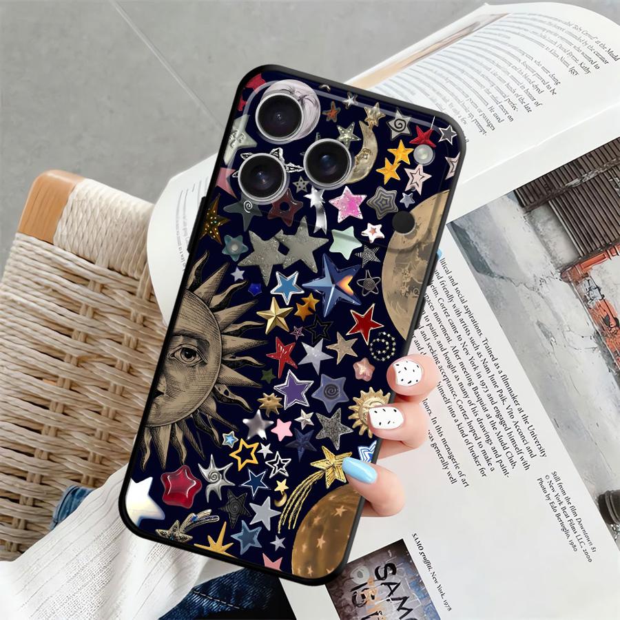 Case for iPhone 7 8 15 16 14 Plus XR 13 12 11 17 Pro Max 17Air XS Max Black Soft Phone Cover Star Moon Pattern