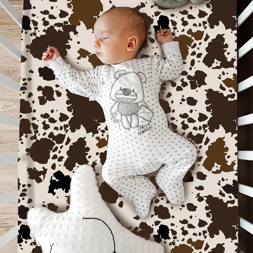 3 Piece Patchwork Crib Bedding Set, Neutral Cow Cactus Print Baby Bedding, Barnyard Western Nursery Decor, Standard Size Soft Baby Bed Set Includes