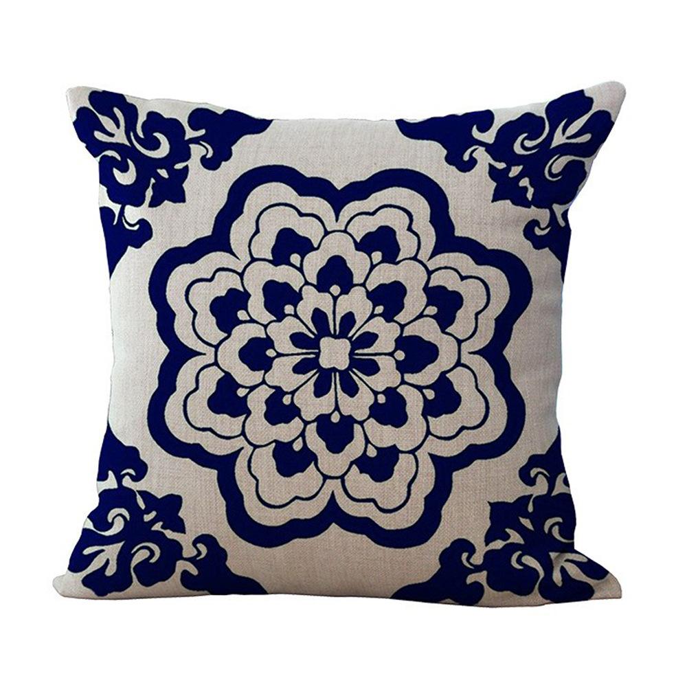 Retro Blue and White Porcelain Pillowcase Geometric Printed Cotton and Linen Sofa Pillowcase Bathroom Sofa Decorative Pillowcase