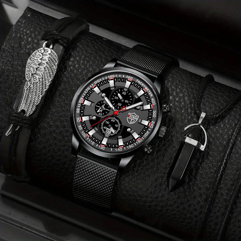 

3pcs/set 1pc Fashion Men s Casual Stainless Steel Mesh Band Quartz Watch & 1pc Bracelet & 1pc Necklace