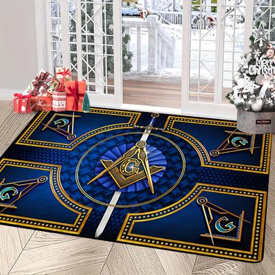 Blue Gold Masonic Symbol Compass Square Print Carpet Plush Flannel Rug Living Room Bedroom Home Decor Area Rug Non Slip Mat