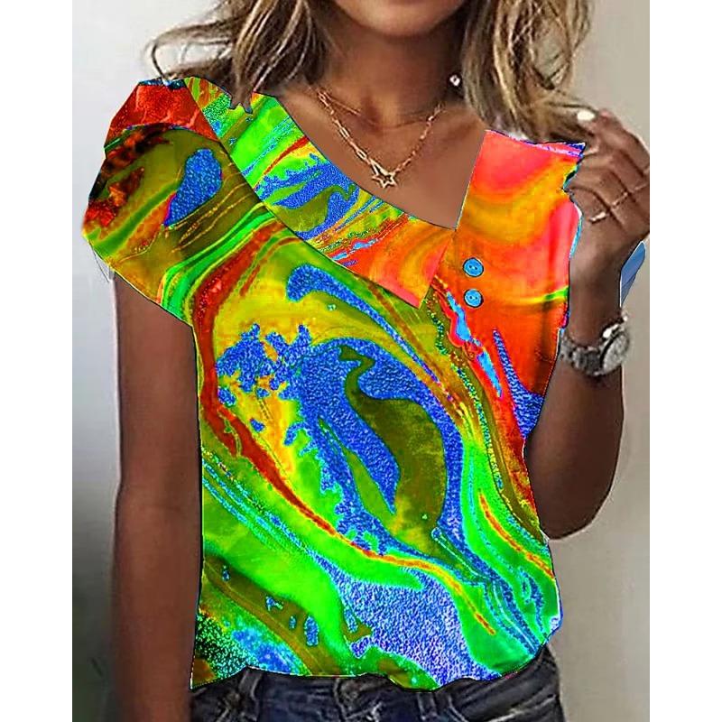 Summer popular comfortable women s short-sleeved top button V-neck T-shirt S