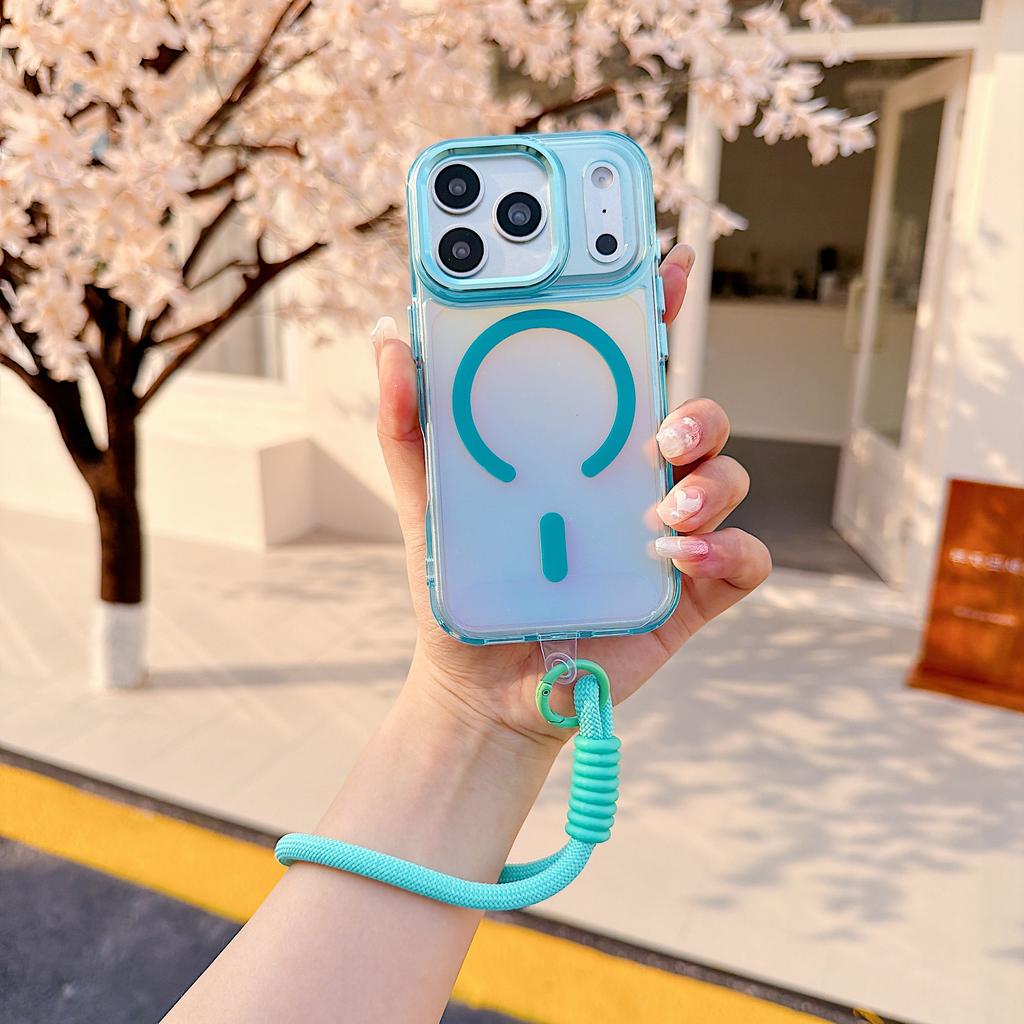 High-Quality Gradient Color Translucent Case with Wireless Charging and Magnetic Phone Strap for iPhone 14, 15, 16, 17 Pro Max E