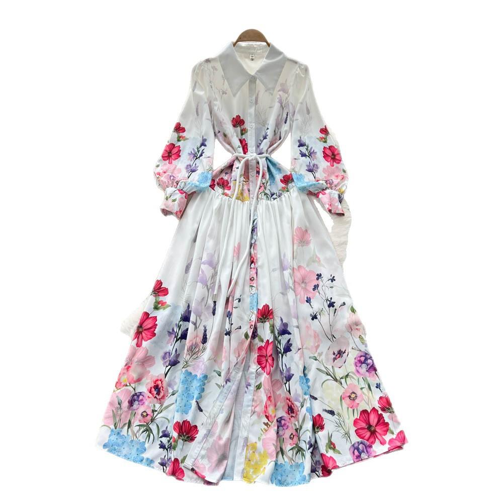 French retro fashion positioning printed dress women's autumn straps waist and thin temperament single-breasted long skirt