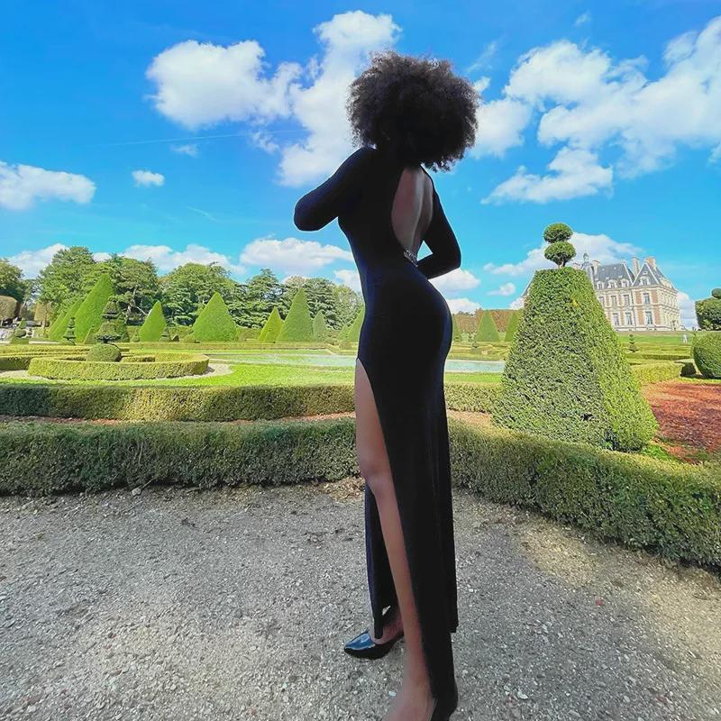 Europäisches & Amerikanisches Rückenfreies Langarm-Schlitzkleid - Sexy & Schlank Hohl Langer Rock