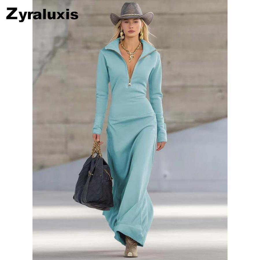 Women's Zippered Polo Neck Long Sleeve Casual Dress for Autumn/Winter