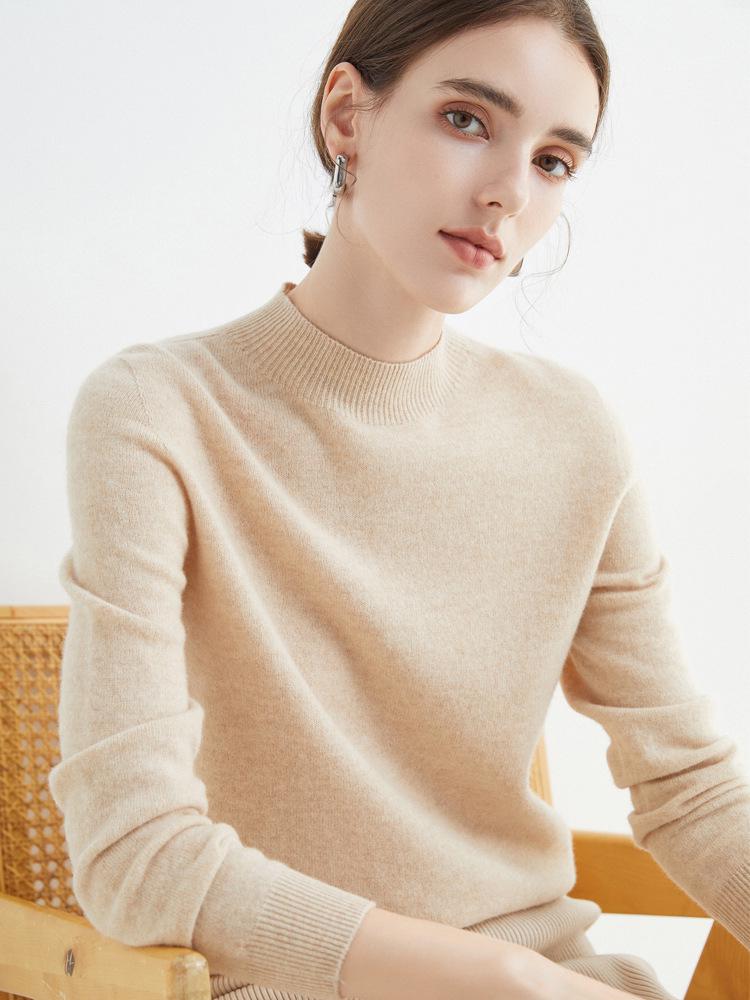 Women's Slim-Fit Autumn Sweater: Fashionable Half-High Neck, Versatile Pure Wool for Base Layer or Outerwear, Skin-Friendly