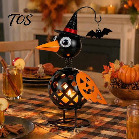 Creative Halloween Gift Wrought Iron Crow And Pumpkin Ornament, Metal Bird Candle Holiday Home Accents Holder Statue with LED for Table Decor
