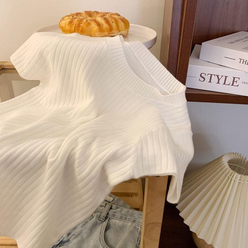 Summer Women s Knitted T-shirt Solid Color Short Sleeved Round Neck Knit Shirt Bottom Top for Women S