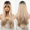 Long Wave Synthetic Wigs Ombre Black Blonde Wig with Side Bangs Heat Resistant Fiber Daily Party Hair Cosplay Wigs for Women