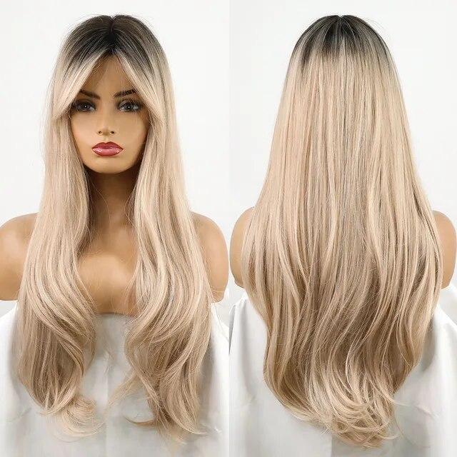 Long Wave Synthetic Wigs Ombre Black Blonde Wig with Side Bangs Heat Resistant Fiber Daily Party Hair Cosplay Wigs for Women