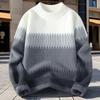 Men's Turtleneck Gradient Wave Knit Sweater White Gray Loose Warm Pullover