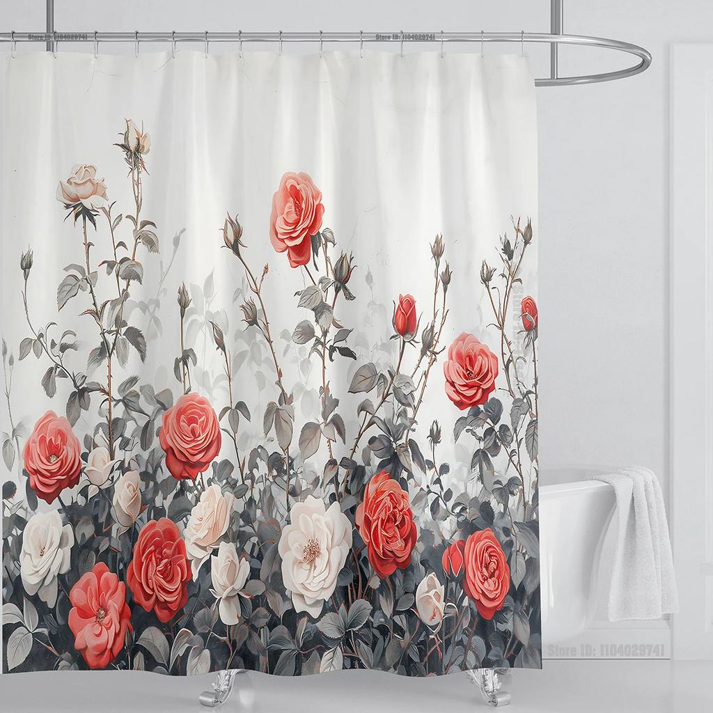 Rose Flower Shower Curtain Waterproof Shower Curtain Polyester Fabric 3D Printed Curtain Bathroom Decoration With Hook