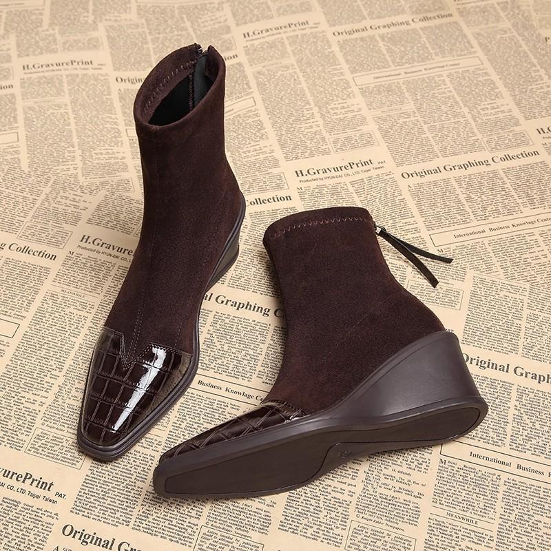 Wedge Heel Booties Fall  New Square Toe Paneled Suede Rear Zipper Soft Slip Booties