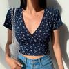 Frauen Sommer Top V-ausschnitt Kurzarm Taille-ausgesetzt Kleine Blume Drucken Pullover Weiche Atmungsaktive Retro Slim Fit Dame süße T-shirt