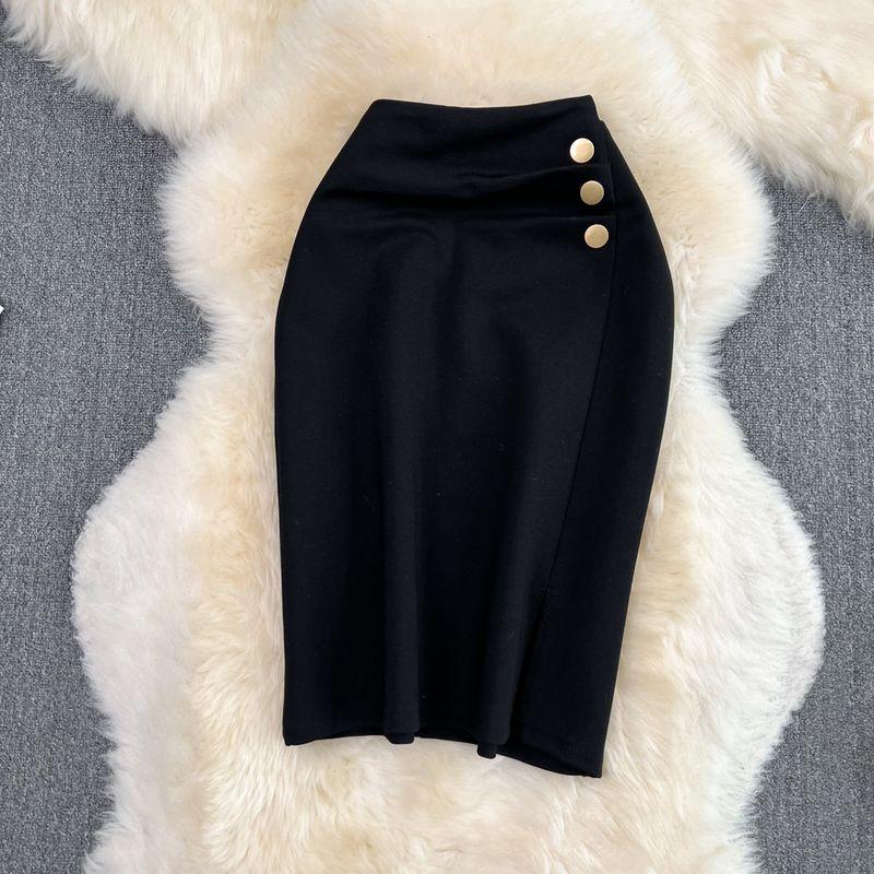 

Fashion Front Slit Casual Mid Length Long Length Professional Skirt Black 2XL
